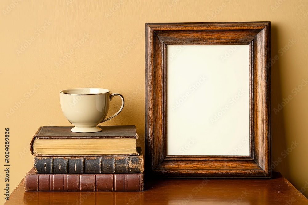 Poster printed wooden picture frame mockup with dry flowers and a boho vase, showing an empty frame with a 
