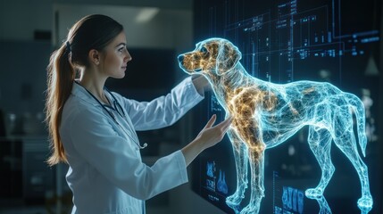 Vet examines digital dog hologram in modern lab.