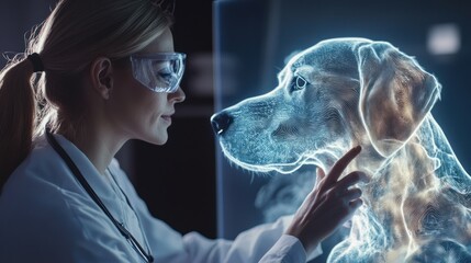 Modern vet examines holographic dog representation.