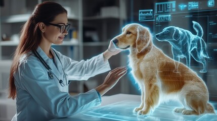 High-tech vet lab with holographic golden retriever.