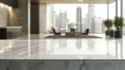 Polished marble desk in modern luxurious office with blurred city skyline in background
