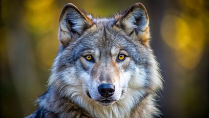 Obraz premium Close-up portrait of a majestic wolf with intense yellow eyes in a soft forest backdrop