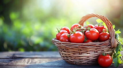 A basket filled with ripe red tomatoes on a wooden table outdoors in sunlight, with copy space 