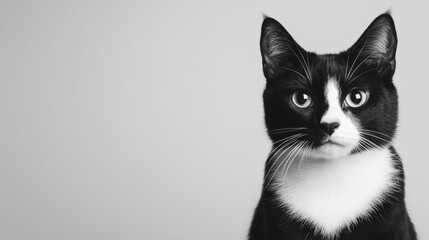 Obraz premium Black and white cat looking curiously at the camera with a neutral background