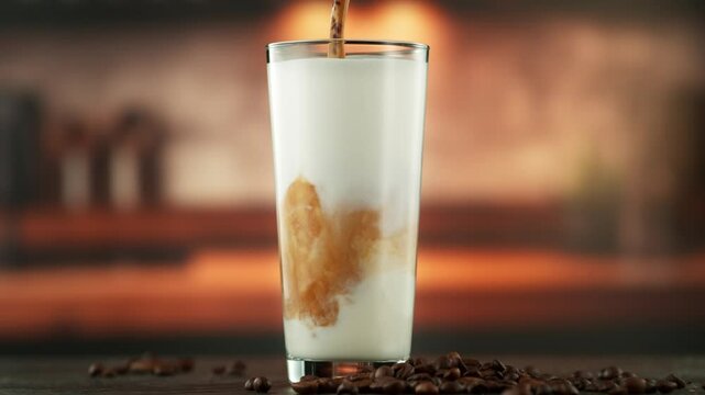 Super Slow Motion Shot of Pouring Milk into Black Coffee , Preparing of Latte Macchiato , Filmed on High Speed Cinematic Camera