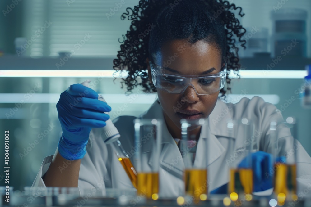 Poster A woman in a lab coat and goggles conducting an experiment or analyzing data