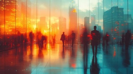 Obraz premium blurred figures engaged in a dynamic discussion within a sleek glasswalled conference room vibrant cityscape beyond soft focus enhancing the atmosphere of collaboration