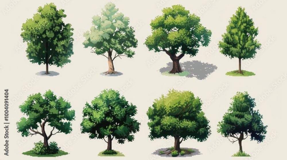 Poster a collection of trees at different stages of growth, with varying heights and foliage