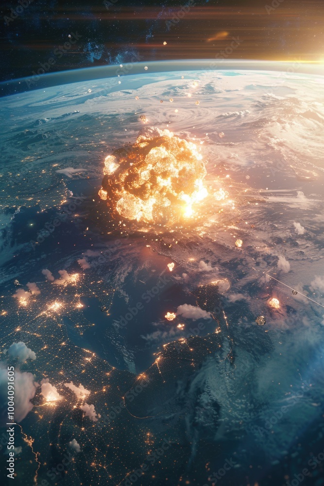 Poster a view of the earth from space at night, showing the curvature and atmosphere