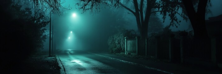 Obraz premium A street at night with a street light and a tree. The street is wet and the sky is dark