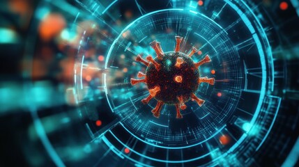 Digital rendering of a vibrant virus with glowing aura