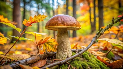 Autumn Mushroom Among Colorful Leaves in a Forest