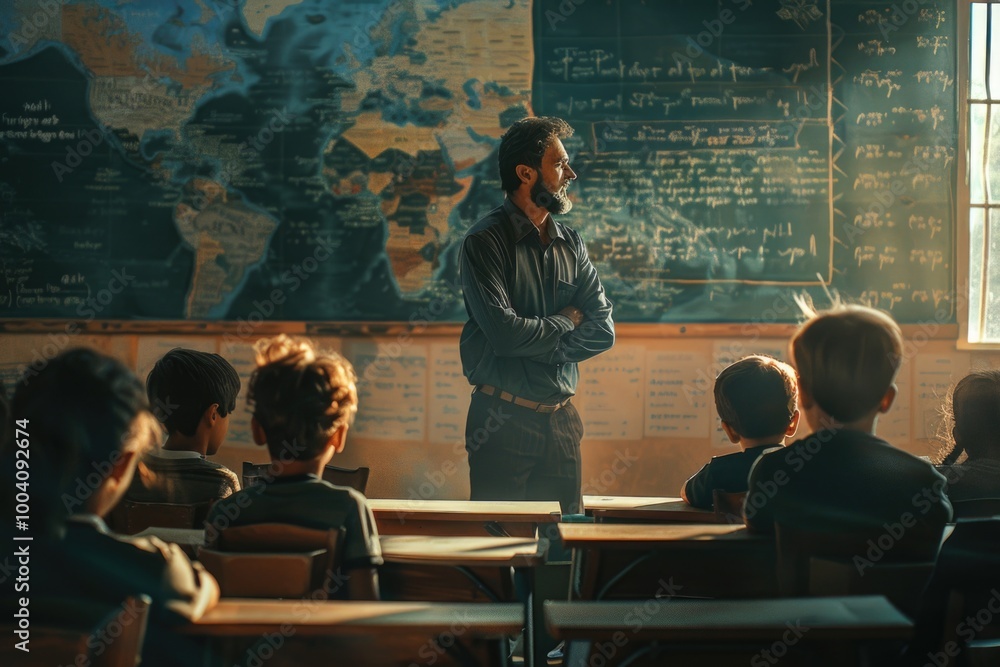 Aufkleber A teacher stands at the front of a classroom filled with students, ready to begin instruction