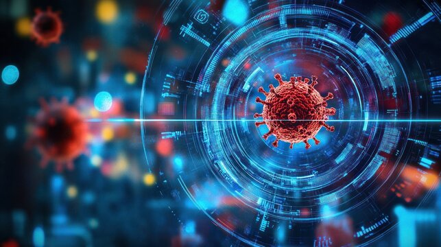 Red virus depicted with digital technology overlay