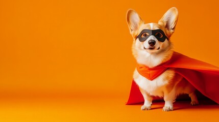 A corgi dog is wearing a red cape and a black mask, standing on an orange background. The dog is looking at the camera with a serious expression, as if ready to take on any challenge.