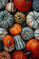 A collection of pumpkins placed on a table, often used for decoration or as a centerpiece