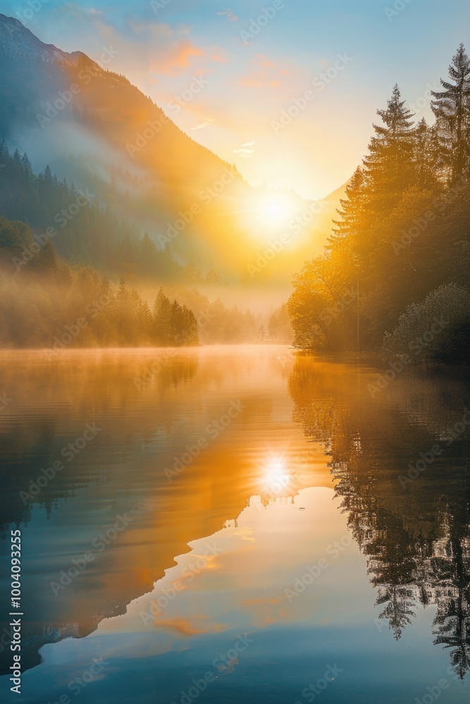 Poster a serene scene of sunset over a lake with trees in the foreground, perfect for peaceful and calming 