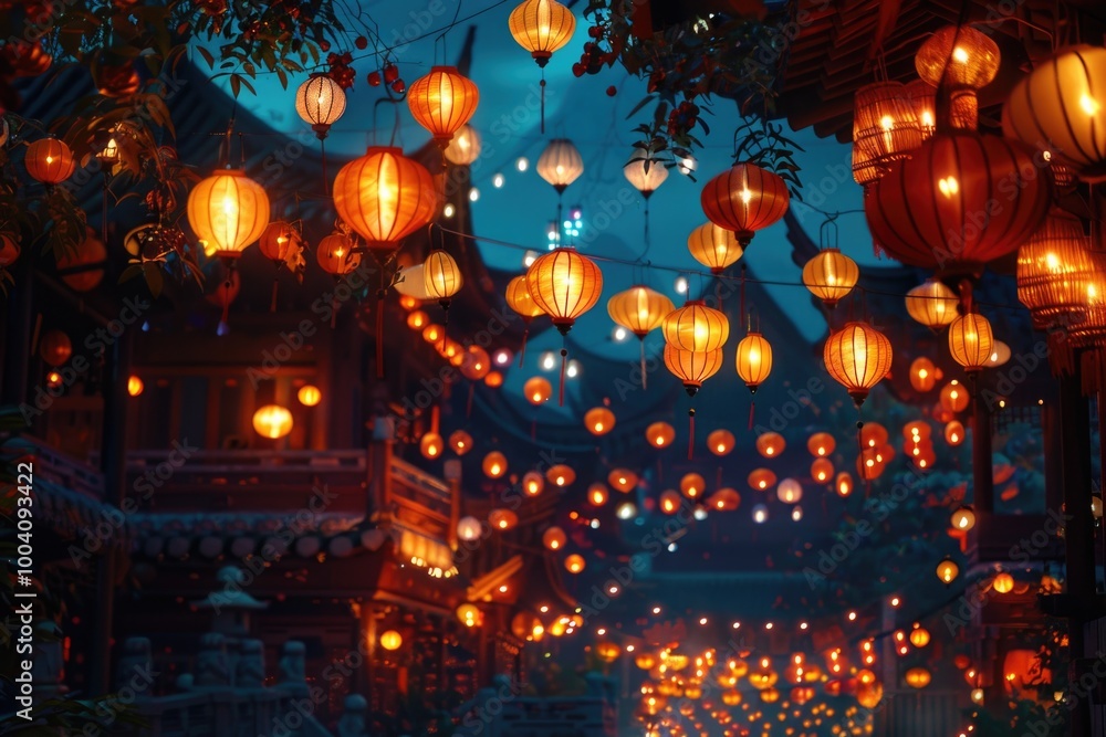 Poster a warm and cozy setting with many lanterns hanging from the ceiling, perfect for a home or event dec