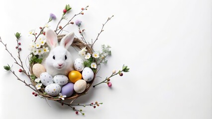 White Bunny in a Nest with Colorful Easter Eggs and Blossoms on Minimalist Background