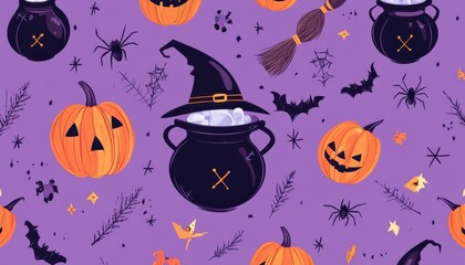 Fototapeta premium Halloween Seamless Pattern with Pumpkins, Witches' Hats, and Spiders