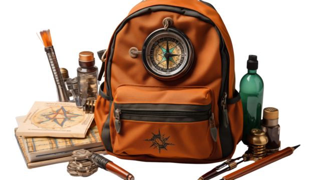 A backpack filled with school supplies including a compass, pencils, and a ruler, studio view, isolated on white background.