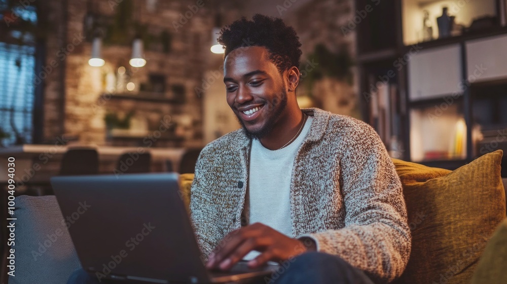 Poster a man is sitting on a couch and using a laptop