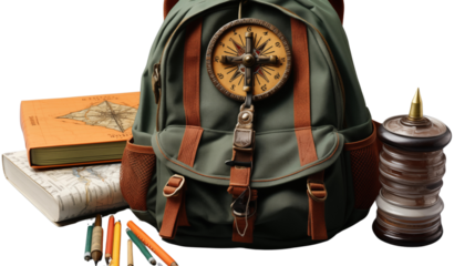 A backpack filled with school supplies including a compass, pencils, and a ruler, studio view, isolated on white background.