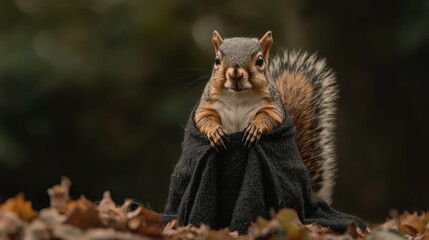Obraz premium A curious squirrel peeking out while wrapped in a black cloth, set against a blurred forest background of fallen leaves.