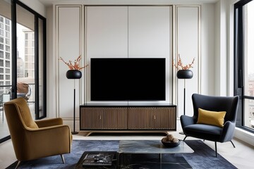 Contemporary Interior Design Featuring Elegant TV Cabinet and Trendy Armchair in Urban Living Room