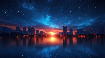 Fototapeta premium breathtaking double exposure landscape featuring a starry summer night sky blended with a silhouetted skyline reflecting in a calm lake capturing the beauty of nature and urban life in harmony