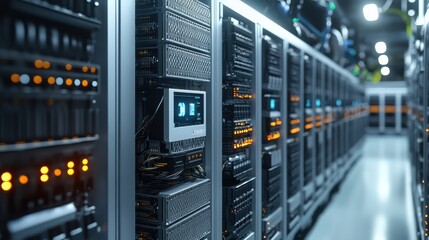 Modern data servers in a high-tech server room, orange lights glowing, futuristic data center, advanced technology, digital infrastructure, networking, cloud computing, secure data storage, IT