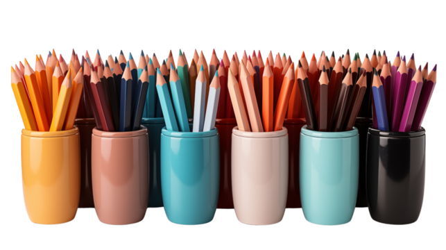 A Colorful Array of Pencils in a Wire Holder, studio view, isolated on white background.