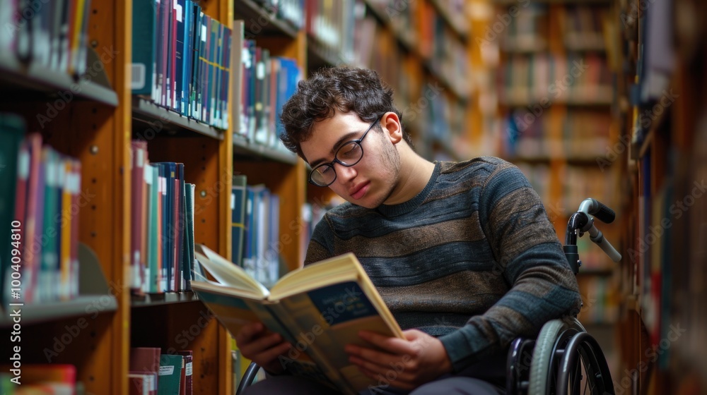 Aufkleber a person in a wheelchair is reading a book in a quiet library, great for education and learning conc