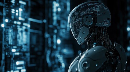 Fototapeta premium Futuristic android with digital data interface in blue.