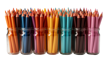 A Colorful Array of Pencils in a Wire Holder, studio view, isolated on white background.