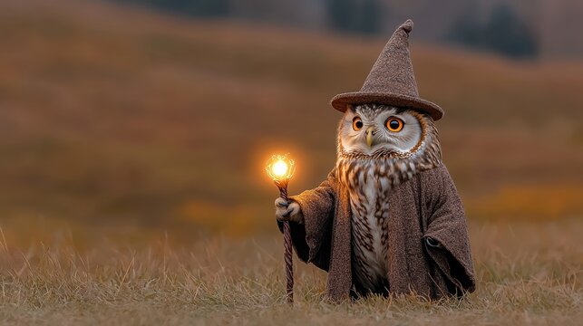 A magical owl wearing a wizard hat and holding a glowing staff stands in a tranquil field, embodying fantasy and wonder.