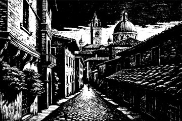 Vintage Street Scene with Historic Architecture and Cobblestone Path