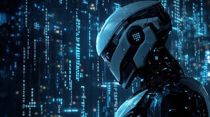 White and black robot with digital patterns on face