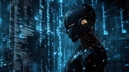 Futuristic android deep in thought in digital realm