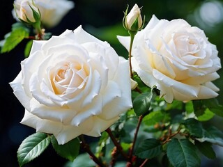 White roses real image of roses with branches of roses white and real background.