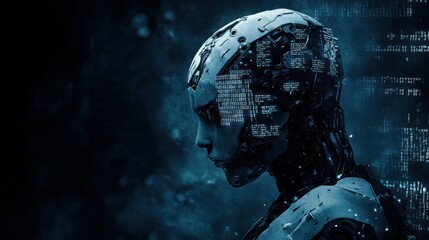 Futuristic robotic profile in digital cloud network