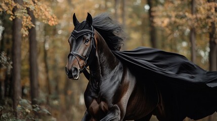 A majestic horse in a flowing black cape gallops through a vibrant autumn forest, capturing the essence of freedom and power.