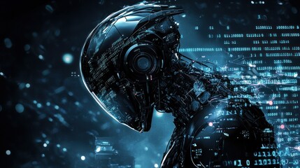 Advanced mechanoid with glowing binary code overlay