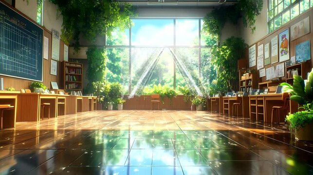 clean classroom with the curtains were blowing in the wind on windows. video animation background footage 4k.
