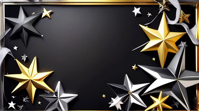 gold and silver stars in golden frame on black festive abstract background. looped seamless animation. ai.