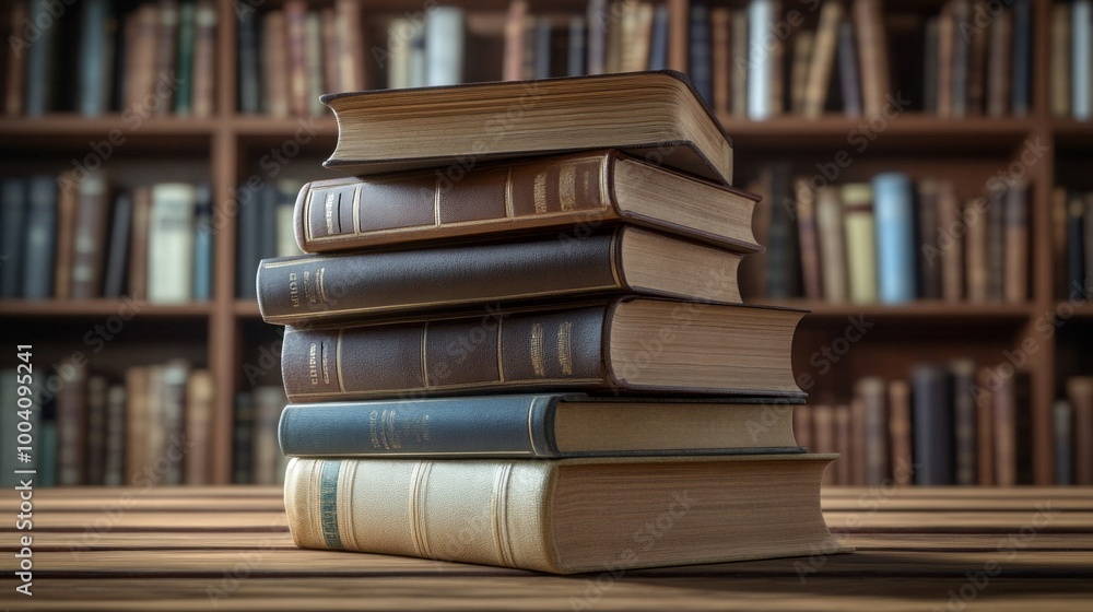 Poster a stack of books on a table with a library background