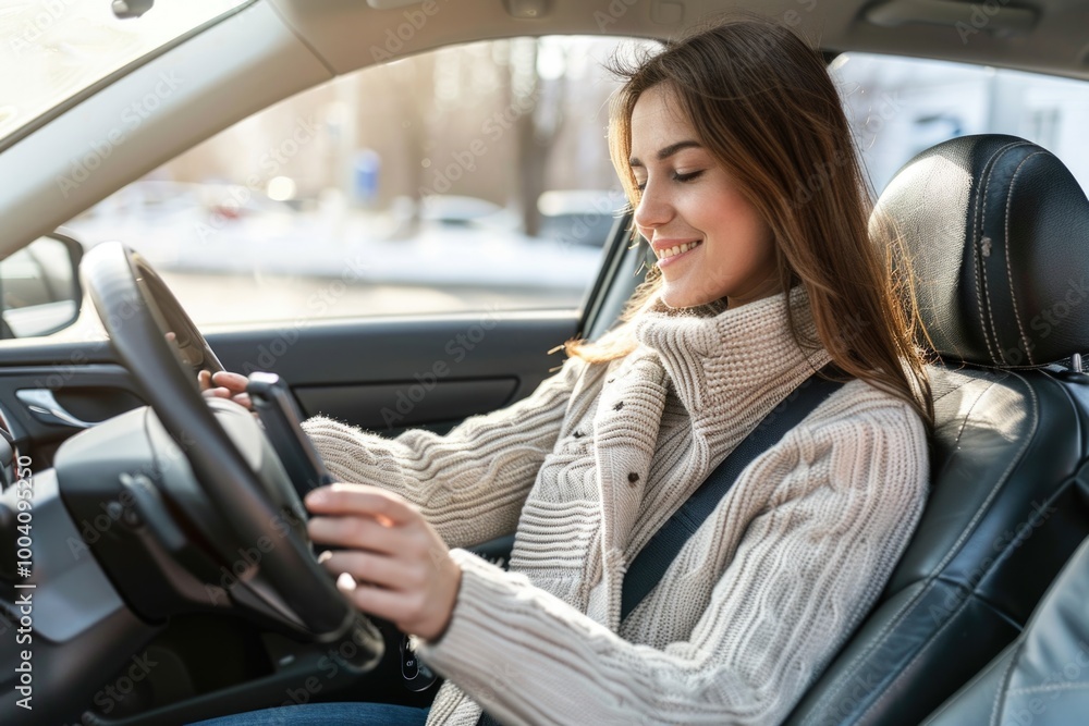 Aufkleber A person sitting in a vehicle using a mobile device, possibly making a call or texting