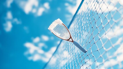 A badminton racket hanging on a net with a blue sky in the background.