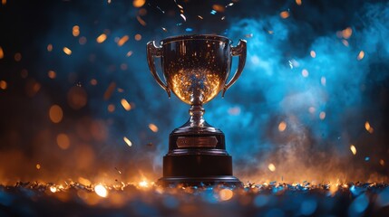 Shiny silver trophy surrounded by blue and orange confetti, celebrating victory, award ceremony, competition achievement, winner's cup, sports success, grand prize, symbol of excellence
