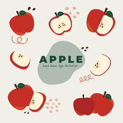 A minimal flat style doodle hand drawn vector illustration icon set of cute apple design. Whole, half, slice. For poster, sticker, banner, artwork, social media